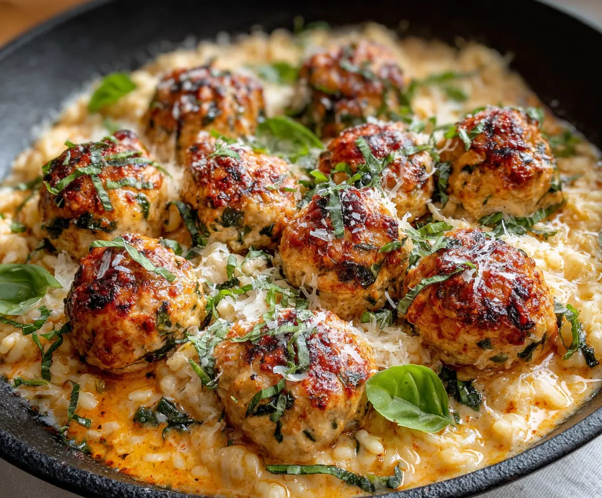 Delicious Chicken Ricotta Meatballs served with pasta on a white plate.