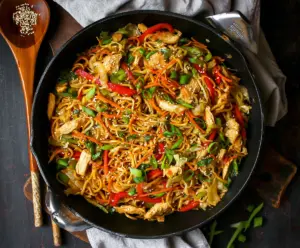 Delicious Chicken Yakisoba Noodles plated with vibrant vegetables and savory sauce.