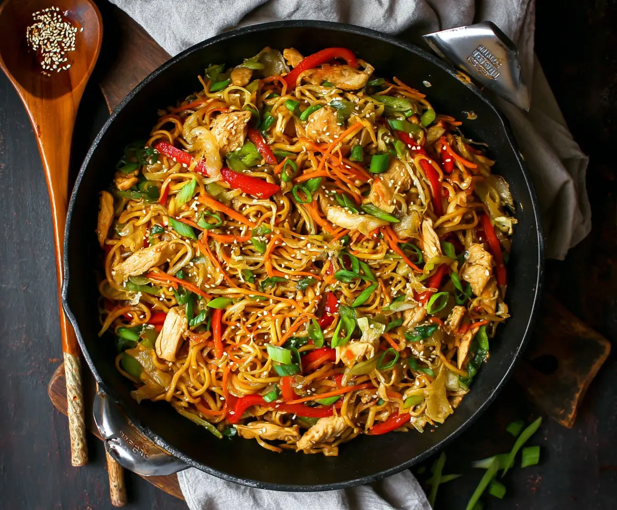 Delicious Chicken Yakisoba Noodles plated with vibrant vegetables and savory sauce.