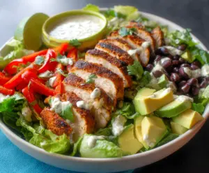 Fresh Chipotle Lime Chicken Salad with vibrant vegetables and zesty dressing in a bowl.