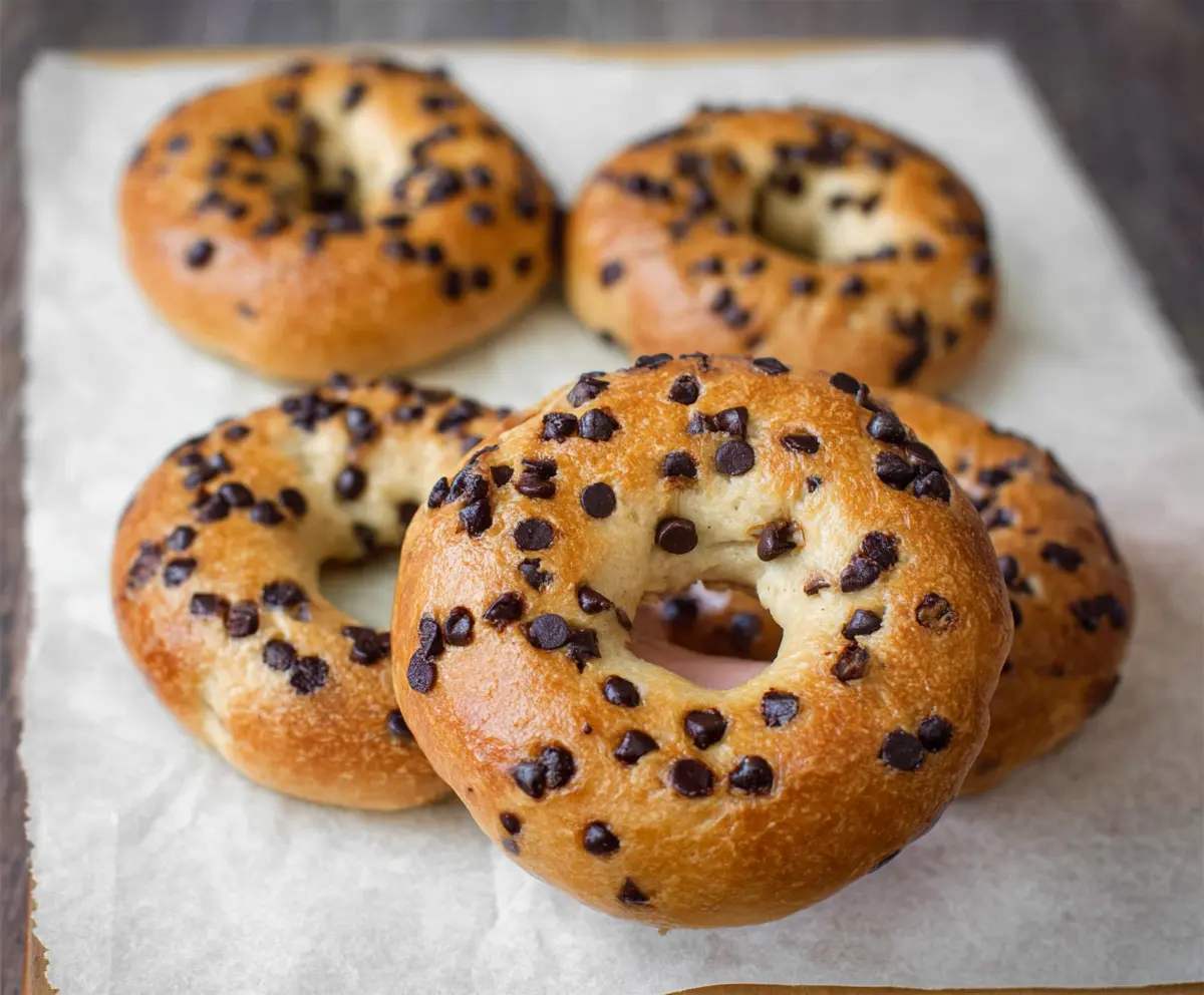 Freshly baked chocolate chip bagels on a wooden board, perfect for breakfast or snack.