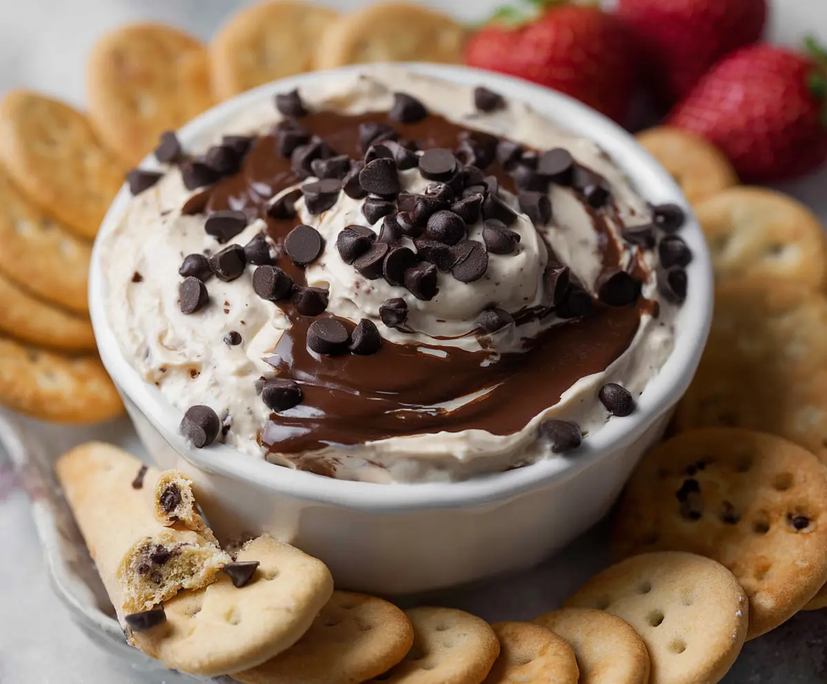 Creamy chocolate chip dessert dip served with fresh fruits and cookies