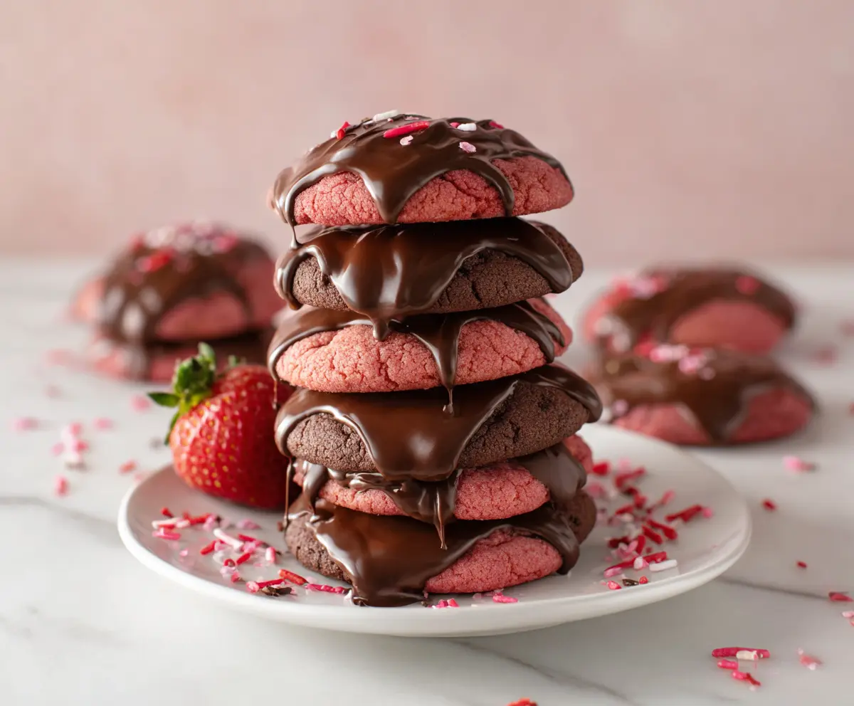 Delicious chocolate-covered strawberry cookies with fresh strawberries and rich chocolate drizzle.