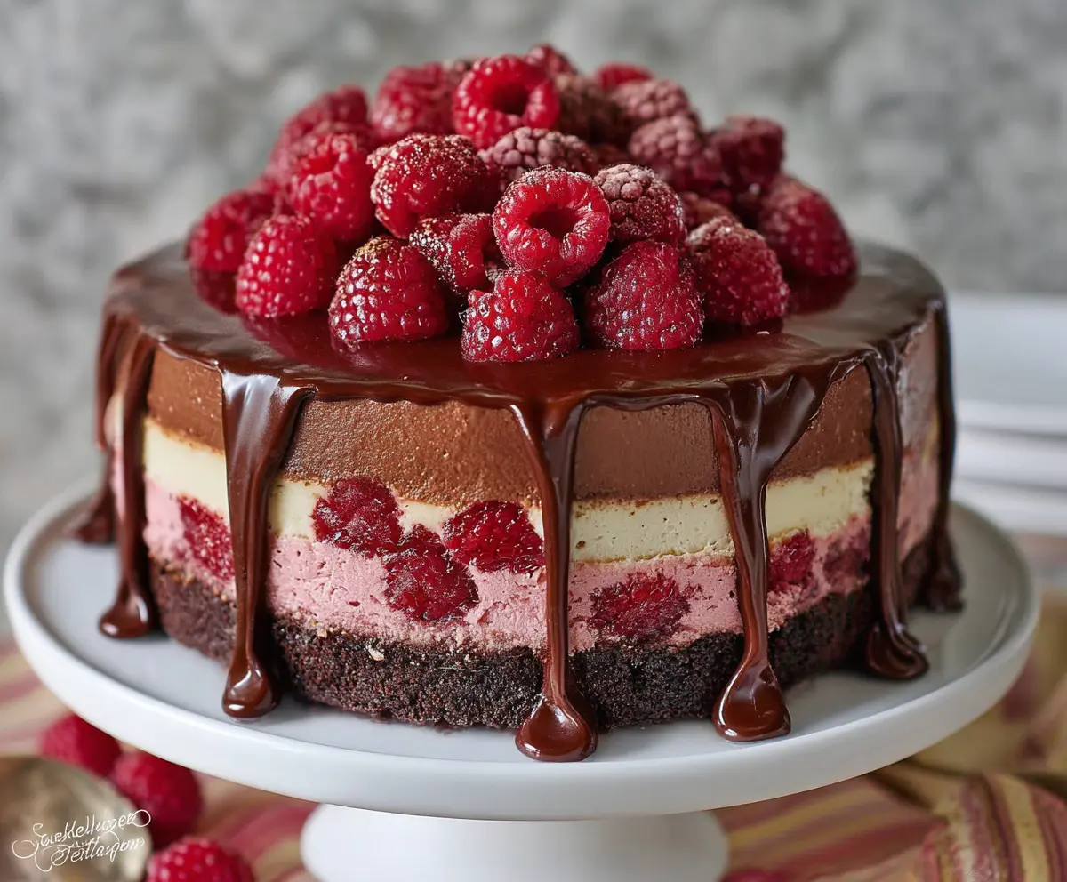 Delicious Chocolate Raspberry Mousse Cake topped with fresh raspberries and chocolate shavings.