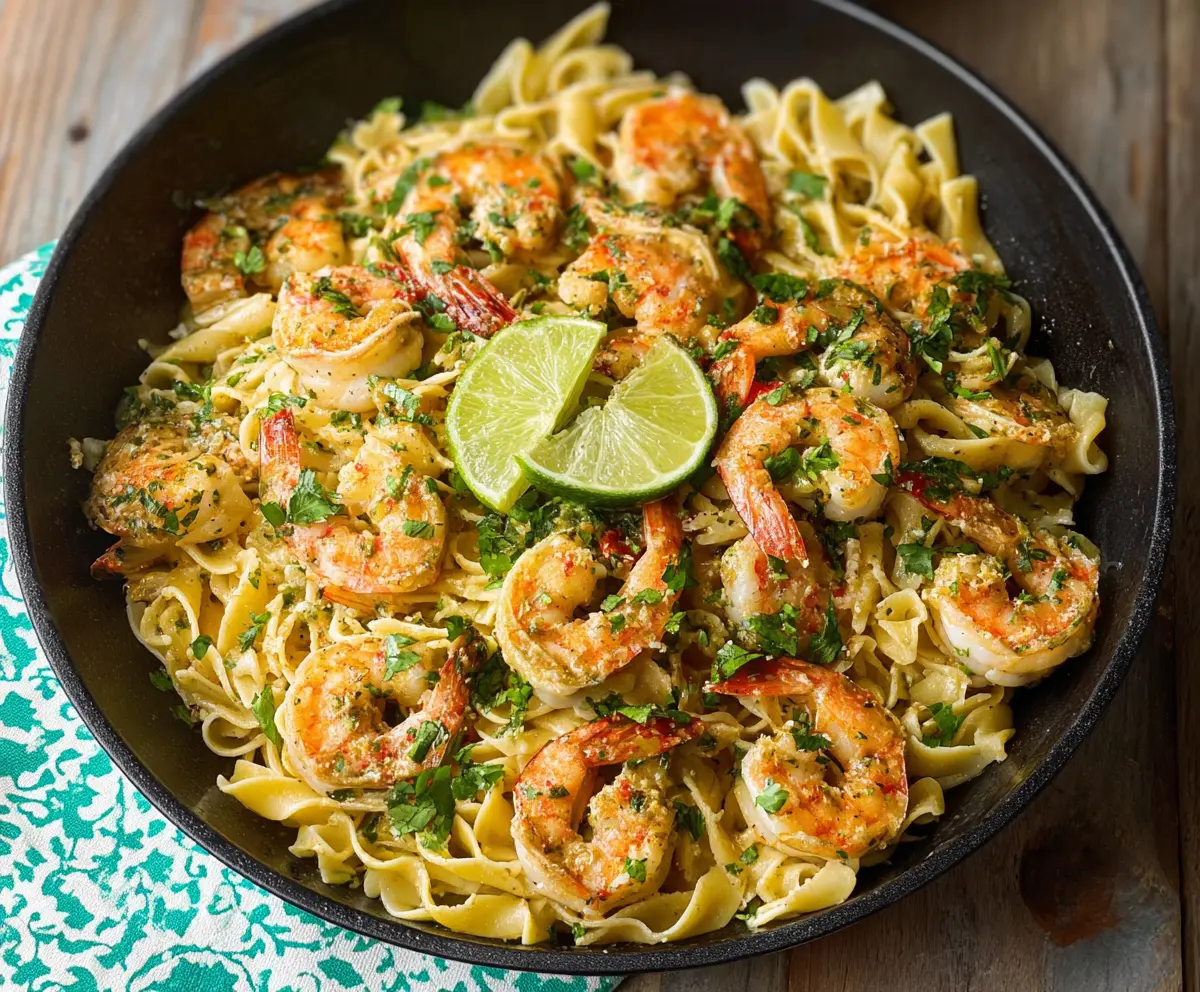 Delicious Cilantro Lime Shrimp Pasta on a plate with fresh cilantro and lime slices.