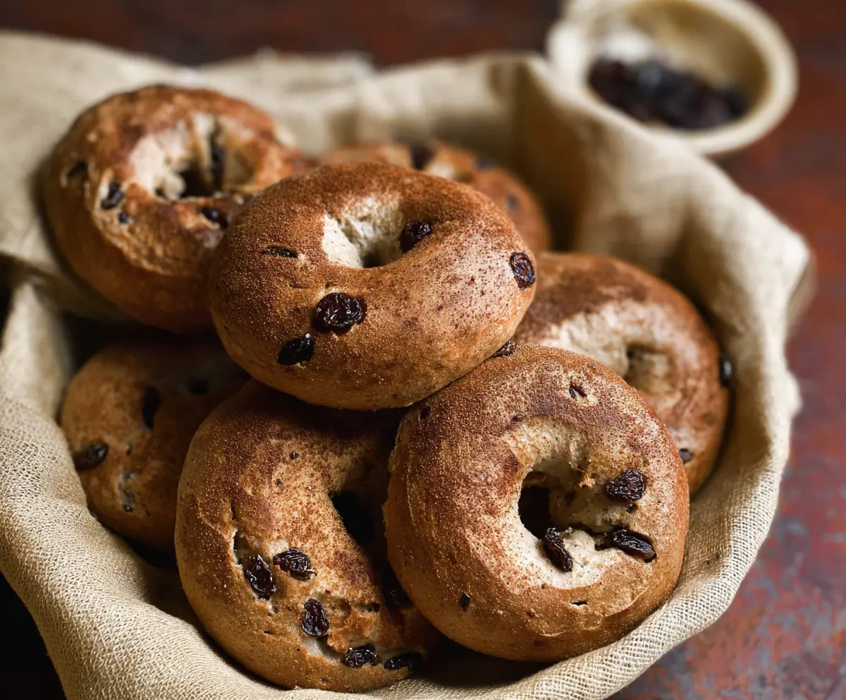 Homemade cinnamon raisin sourdough bagels on a wooden board, showcasing their golden crust and sweet filling.