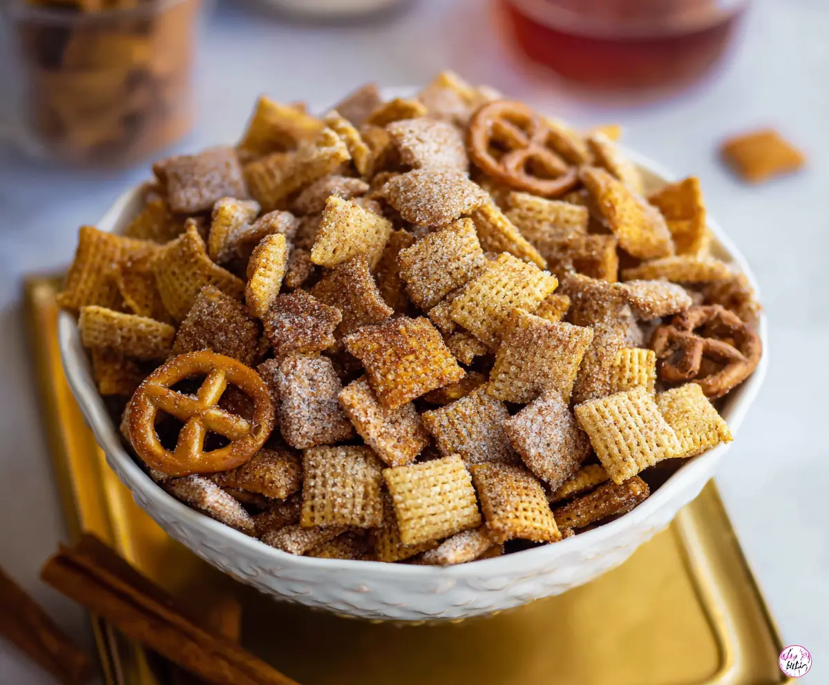 Delicious homemade Cinnamon Sugar Chex Mix with crispy cereal and a sweet cinnamon coating.