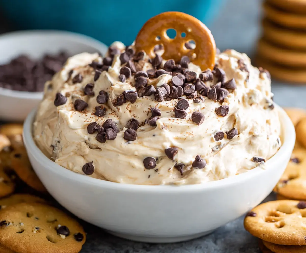 Creamy cookie dough dip served with chocolate chips and cookies, perfect for parties and snacking.