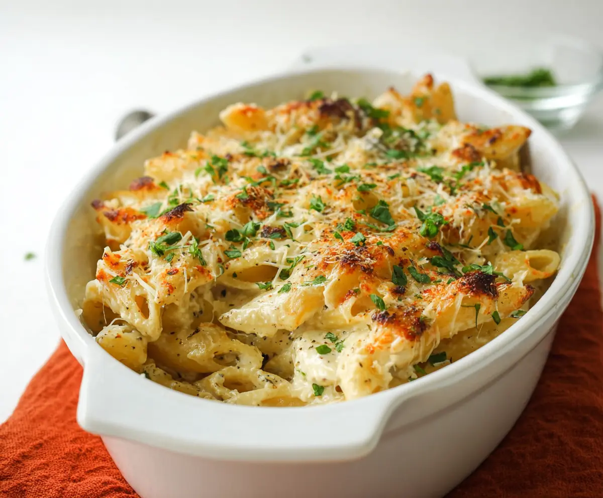 Delicious Cottage Cheese Alfredo Pasta Bake with creamy sauce and melted cheese