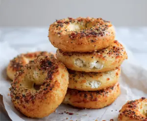 Delicious homemade cottage cheese almond flour bagels on a wooden board, perfect for breakfast or snack.