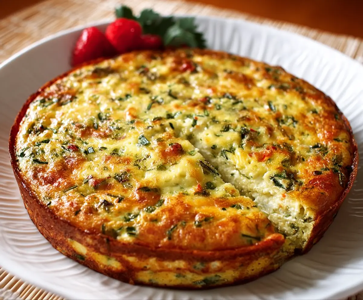 Delicious Cottage Cheese Crustless Quiche with fresh vegetables and herbs on a plate.
