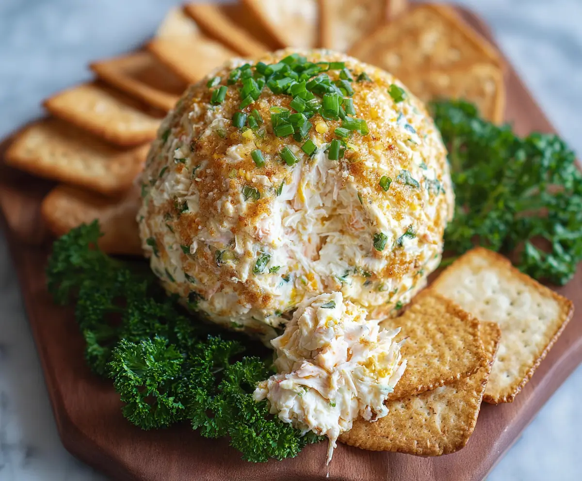 Delicious crab dip cheese ball garnished with herbs for a festive appetizer.