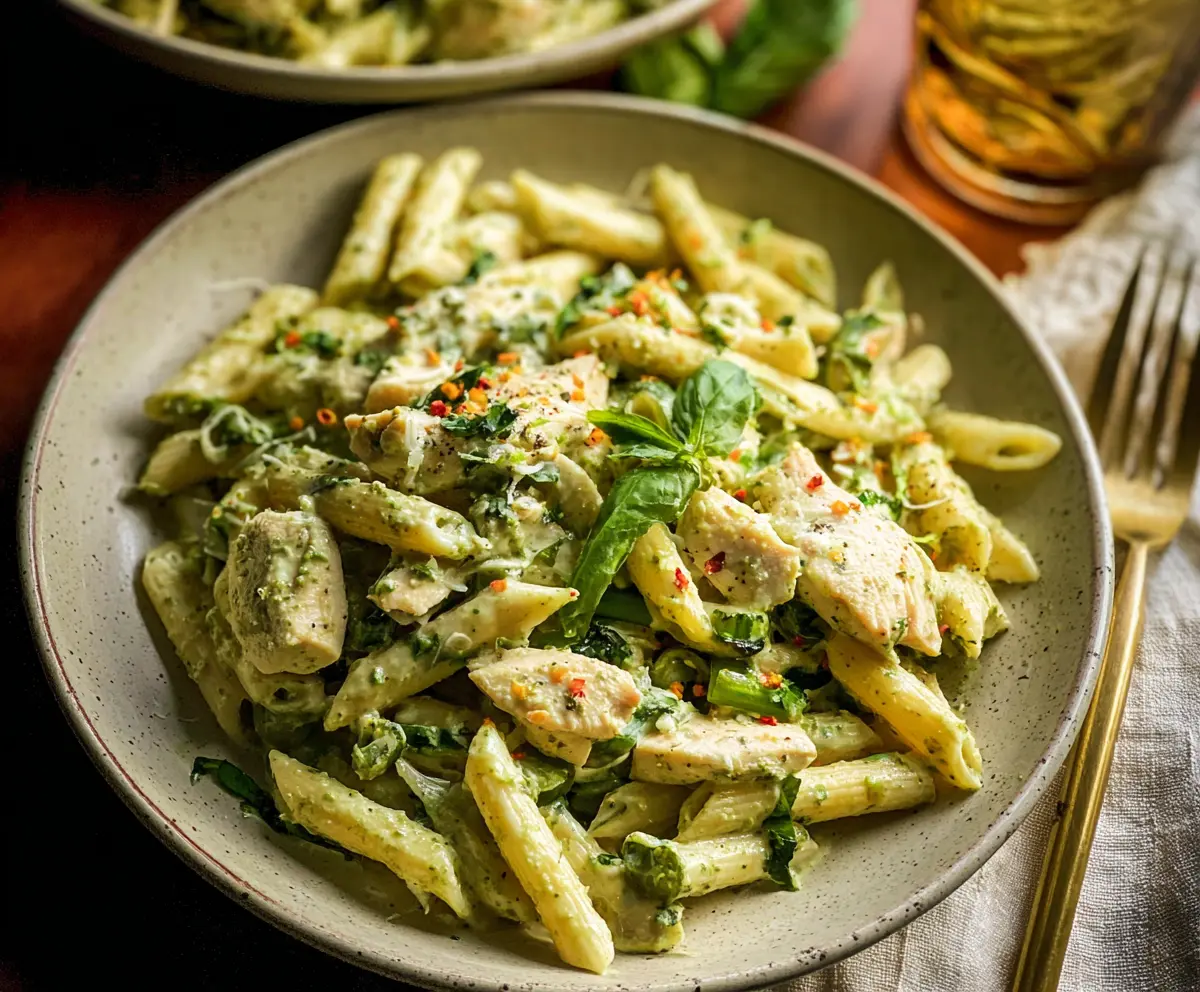 Delicious creamy chicken pesto pasta served in a bowl, garnished with fresh basil and Parmesan cheese.