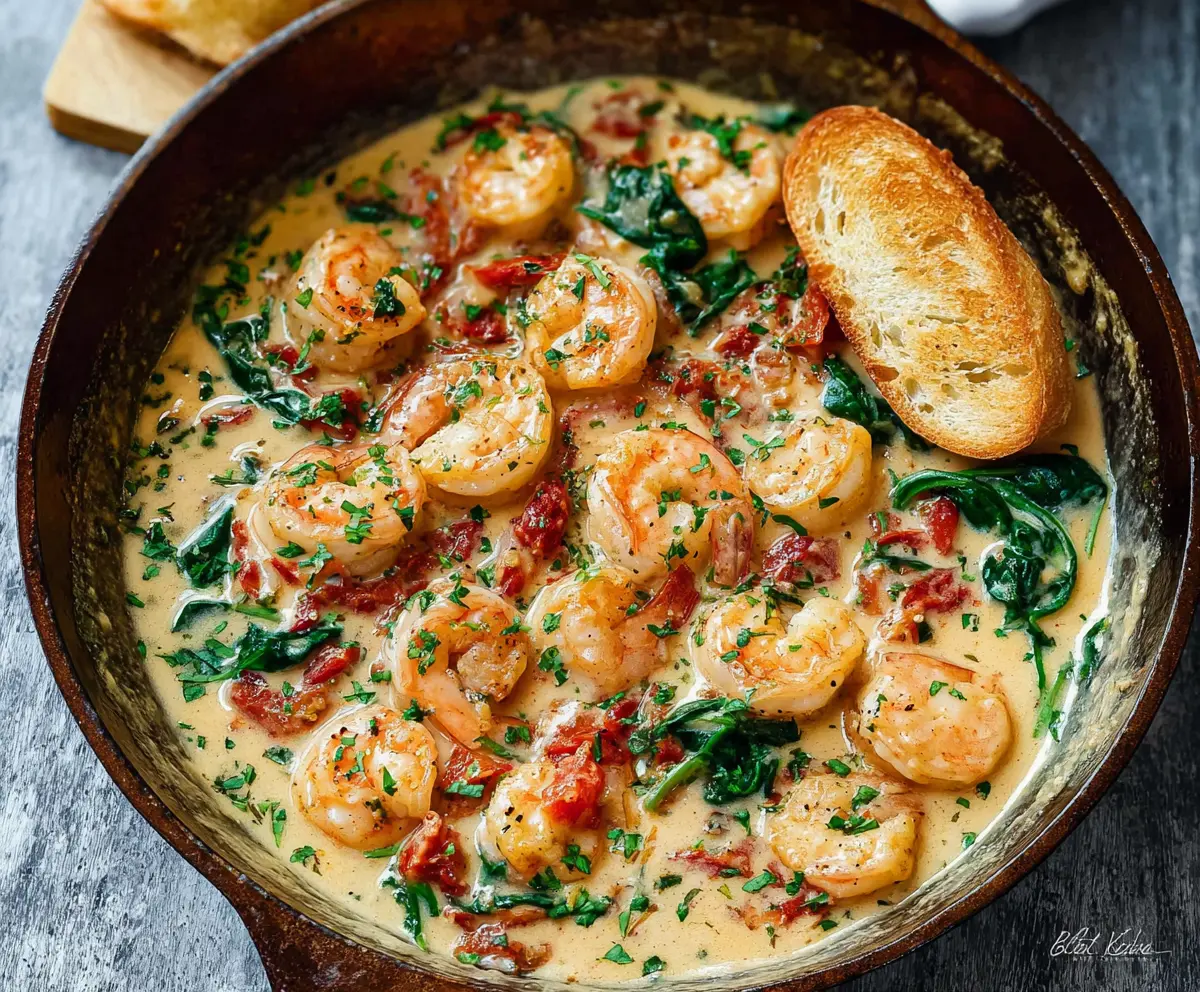 Creamy Garlic Butter Tuscan Shrimp served with fresh herbs and lemon for a flavorful seafood dish