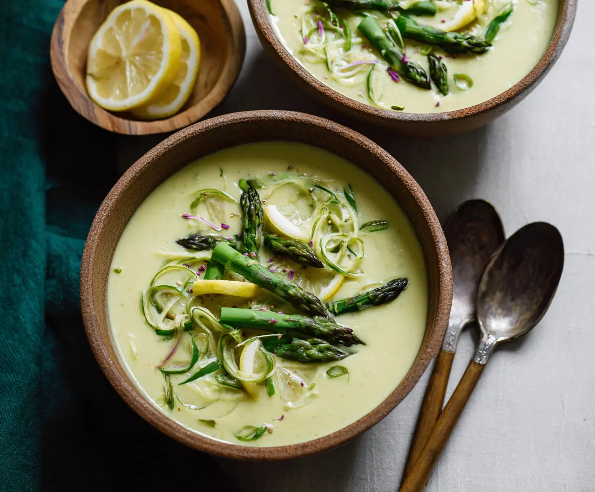 Creamy tahini and lemon asparagus soup served in a bowl, garnished with fresh herbs.