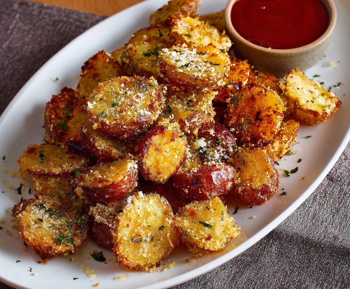 Golden, crispy garlic Parmesan crusted potatoes served as a delicious side dish.