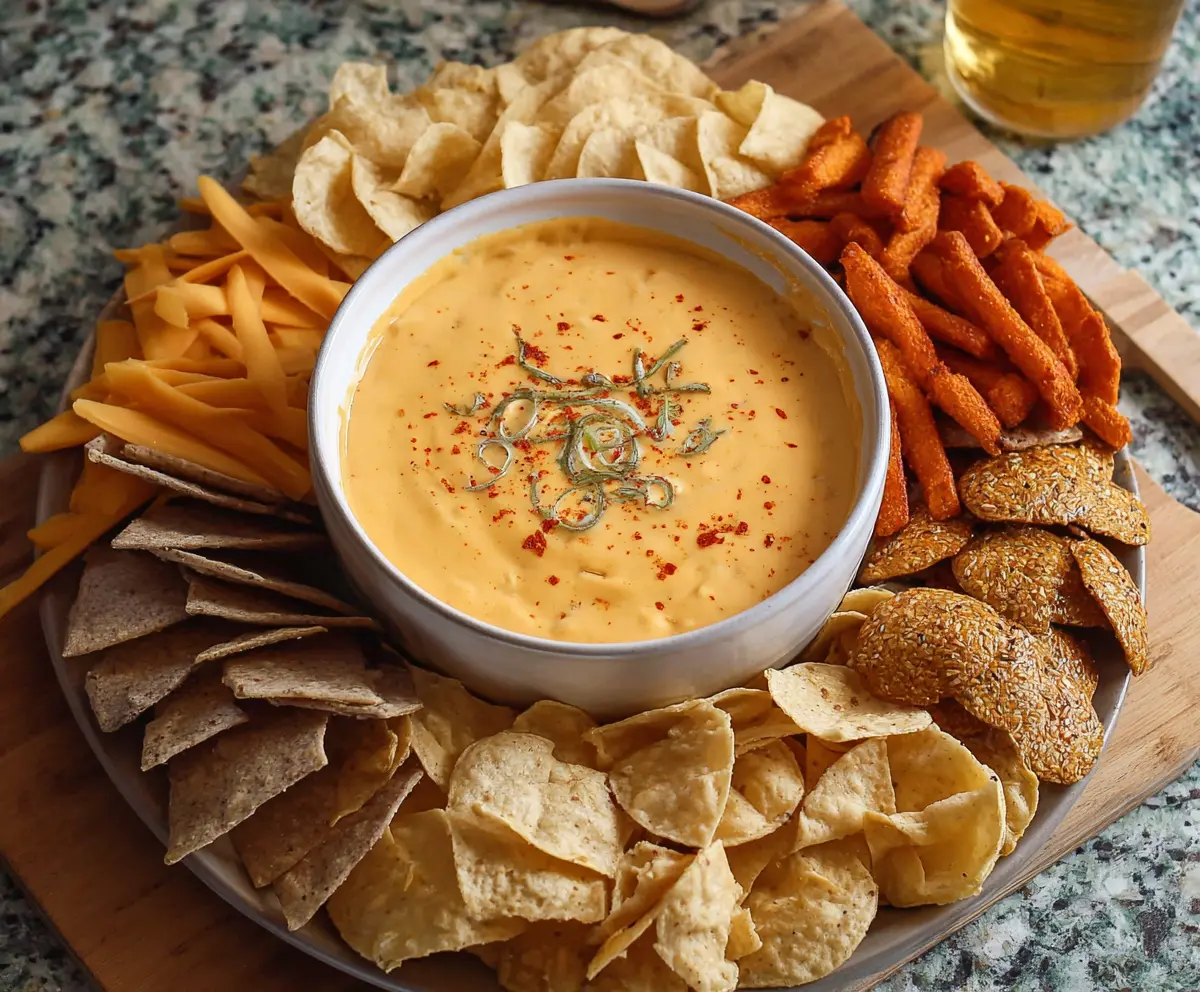 Creamy Crock Pot Beer Cheese Dip served with crunchy pretzels and fresh vegetable sticks.
