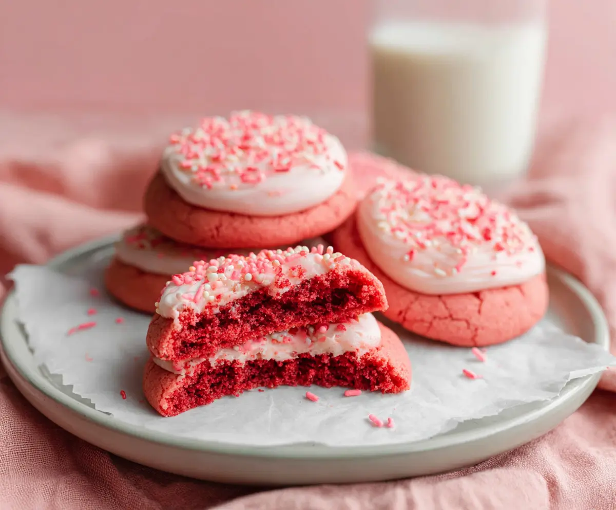 Delicious Crumbl Pink Velvet Cookies with pink frosting and sprinkles, perfect for dessert lovers.