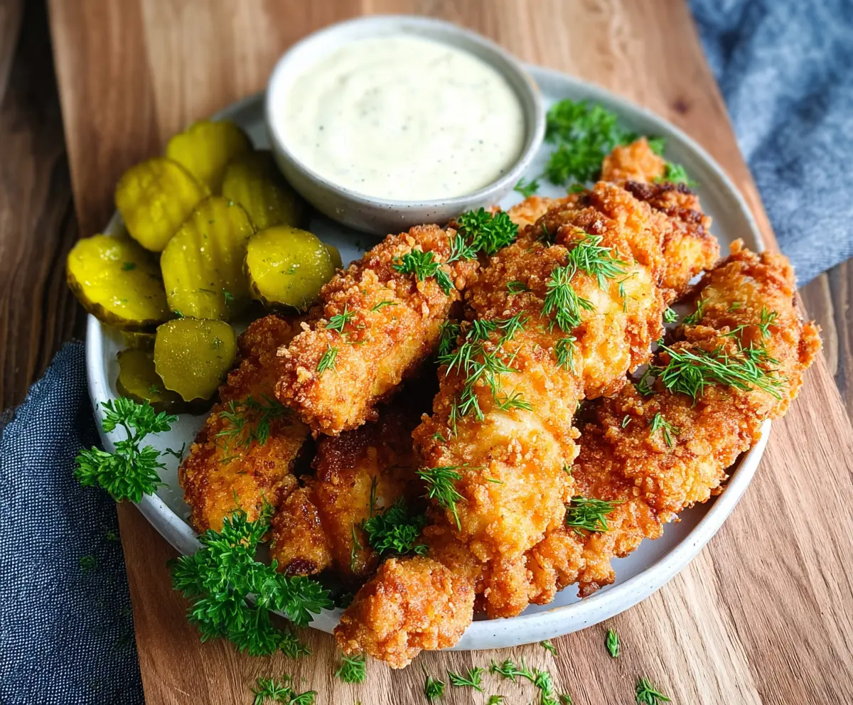 Crispy Dill Pickle Ranch Chicken Tenders on a plate with fresh herbs