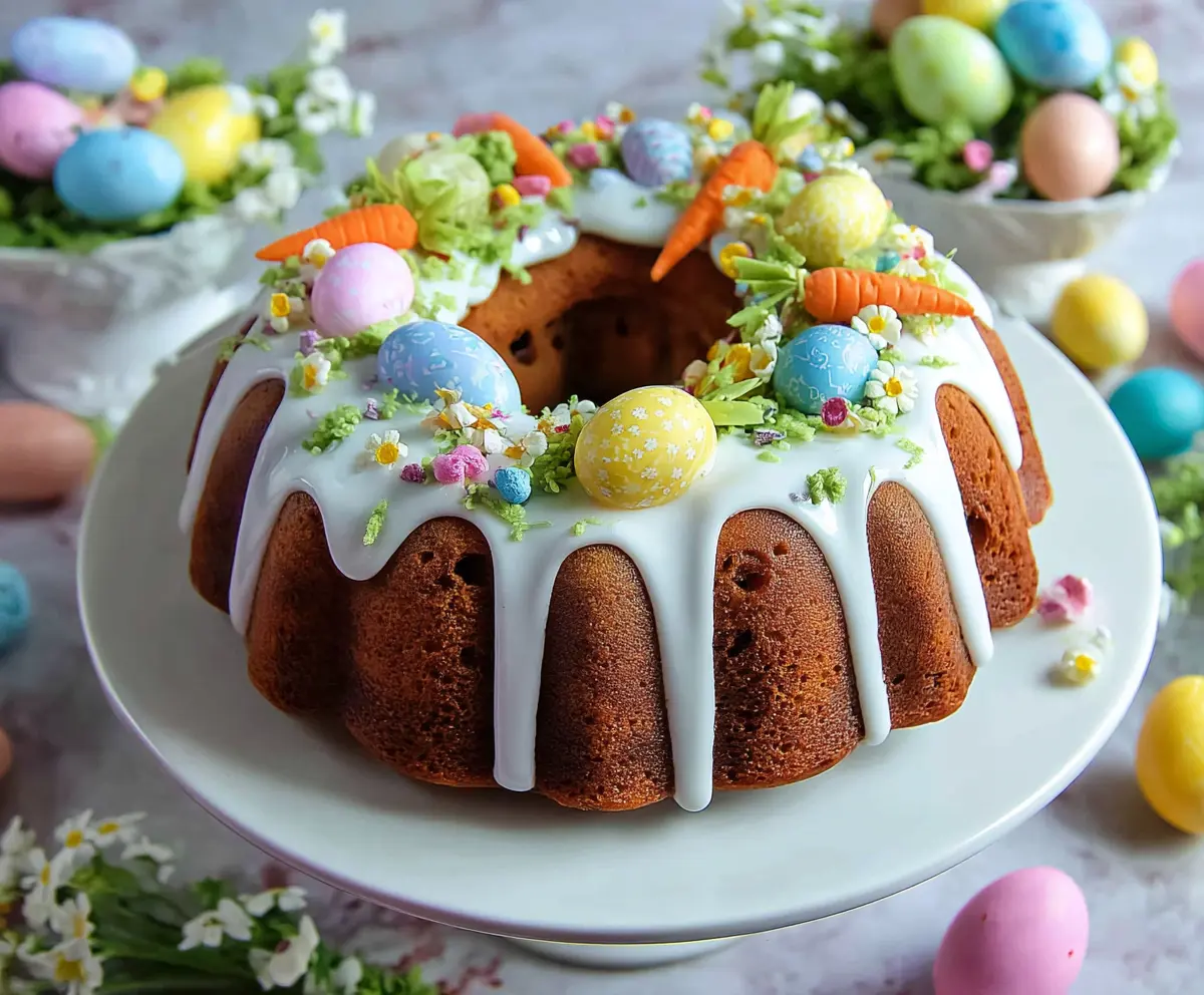 Delicious Easter Bundt Cake decorated with colorful icing and festive sprinkles for a celebration