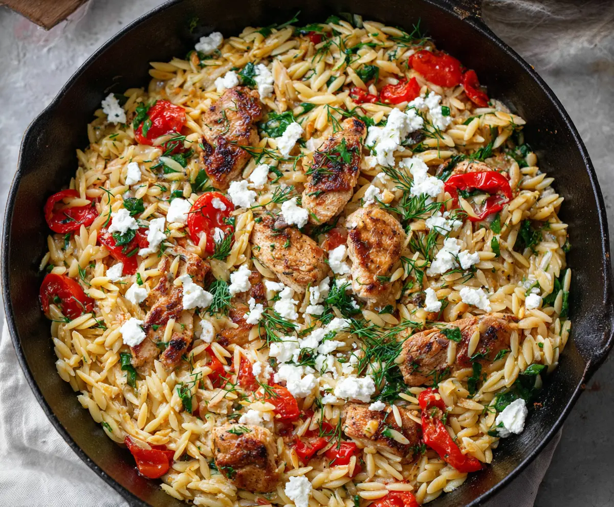Delicious feta orzo pasta with grilled chicken and fresh herbs, perfect for a tasty dinner.
