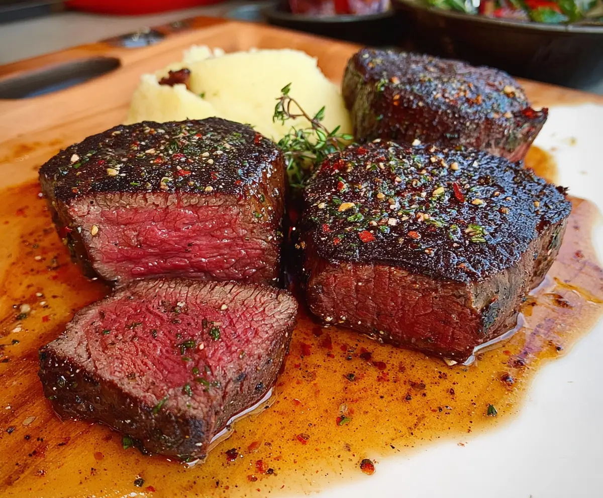 Juicy filet mignon steak cooked to perfection on a plate with herbs