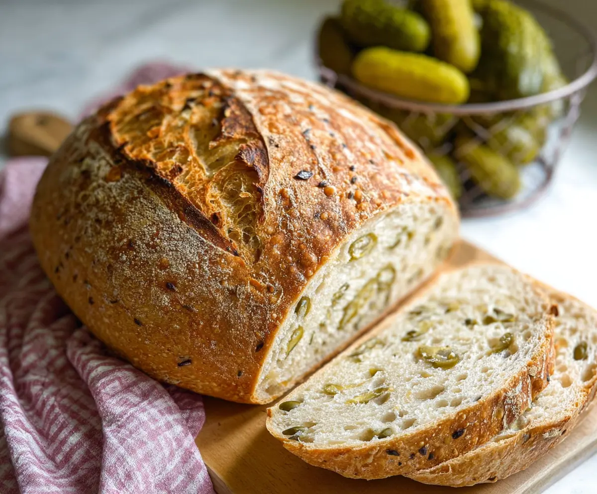 Homemade sourdough bread with a flavorful dill pickle topping ready to serve.