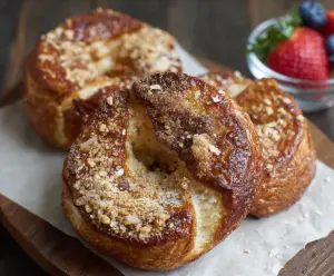 Delicious French Toast Bagels topped with syrup and fresh berries on a breakfast plate.