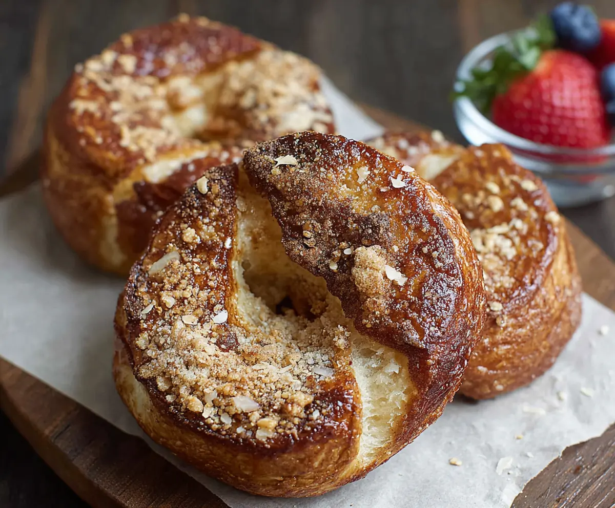 Delicious French Toast Bagels topped with syrup and fresh berries on a breakfast plate.