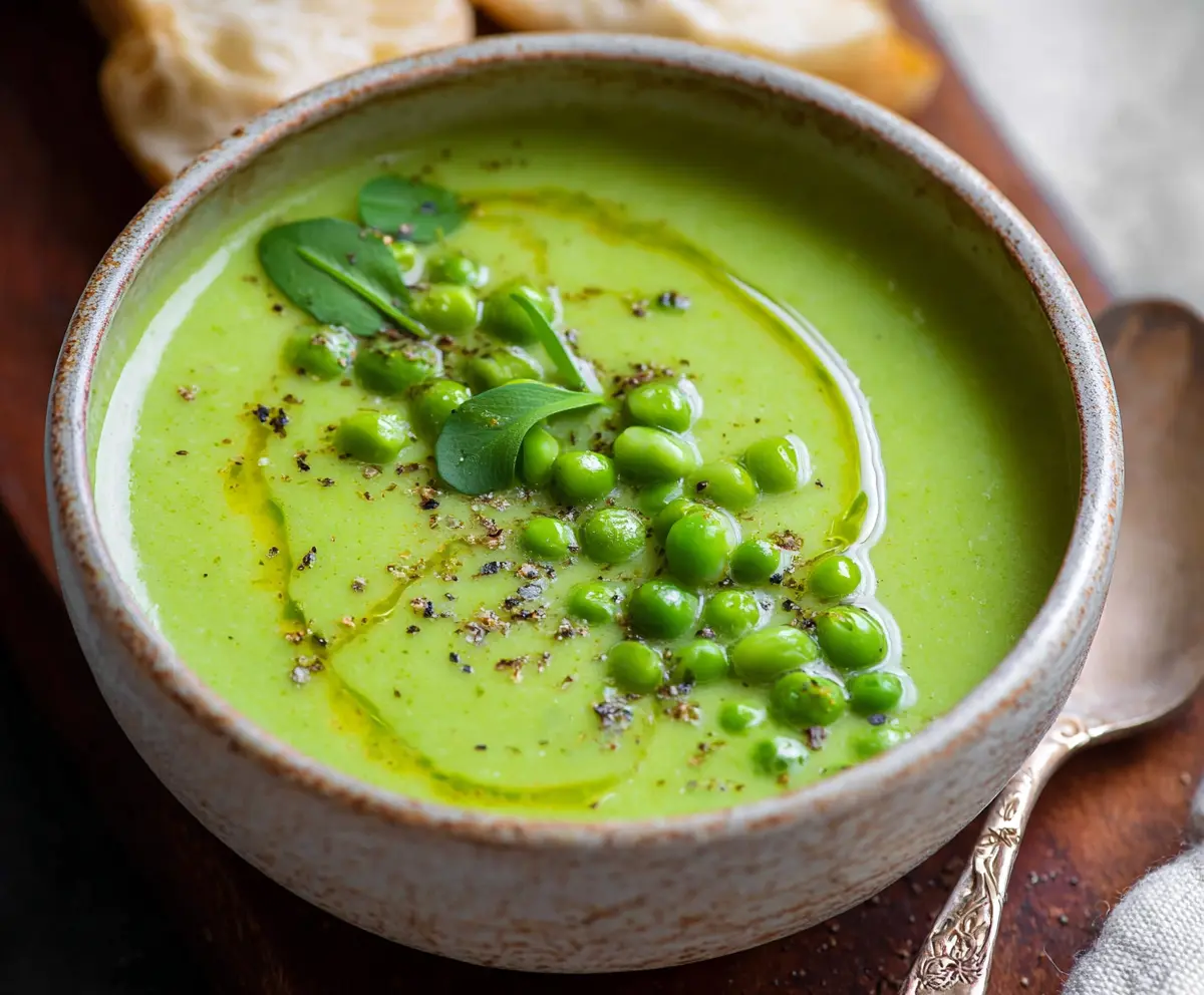 Bowl of fresh green pea soup garnished with mint leaves for a healthy appetizer