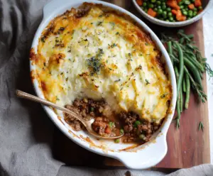 Delicious gluten-free shepherd's pie topped with mashed potatoes and fresh herbs.