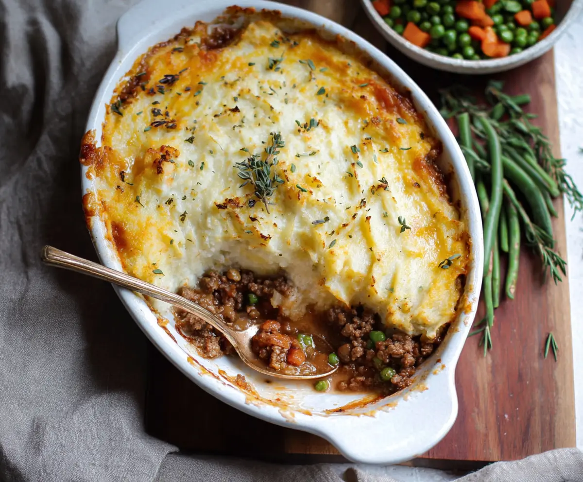 Delicious gluten-free shepherd's pie topped with mashed potatoes and fresh herbs.