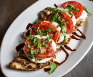 Delicious Grilled Chicken Caprese with fresh tomatoes, mozzarella, and basil on a platter.