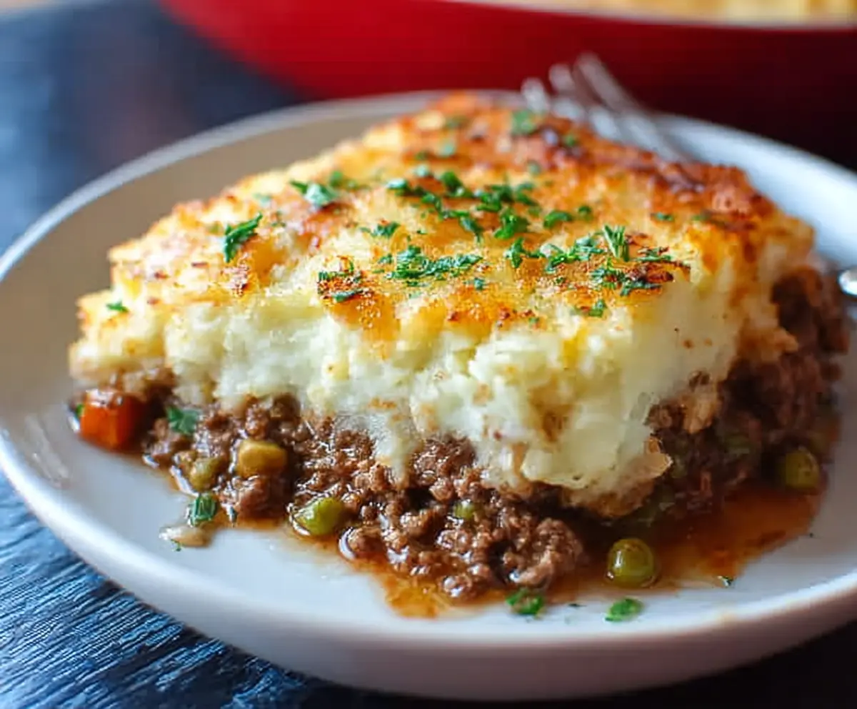 Delicious Ground Beef Shepherd's Pie topped with mashed potatoes and melted cheese.