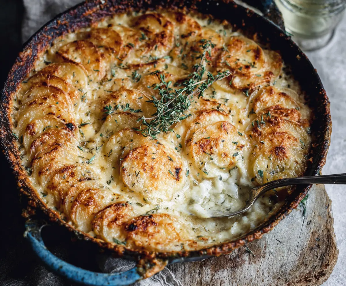 Delicious Gruyere Potato Gratin with golden melted cheese and crispy edges