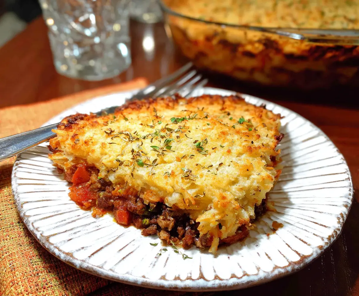 Delicious Hash Brown Shepherd's Pie topped with golden crispy hash browns and savory filling.