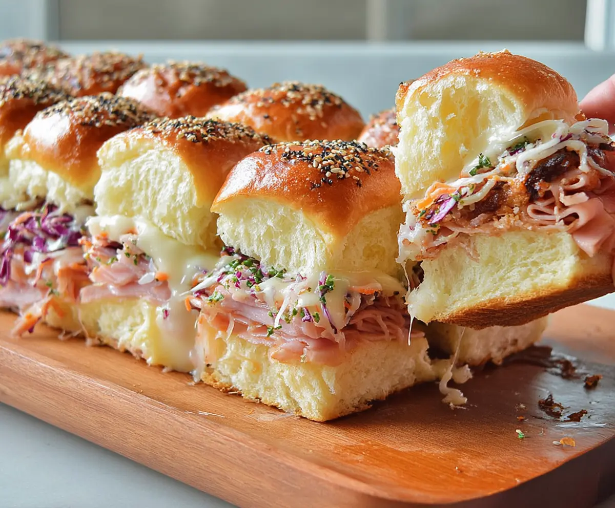Delicious Hawaiian Roll sliders filled with savory meat and melted cheese, perfect for a party appetizer.