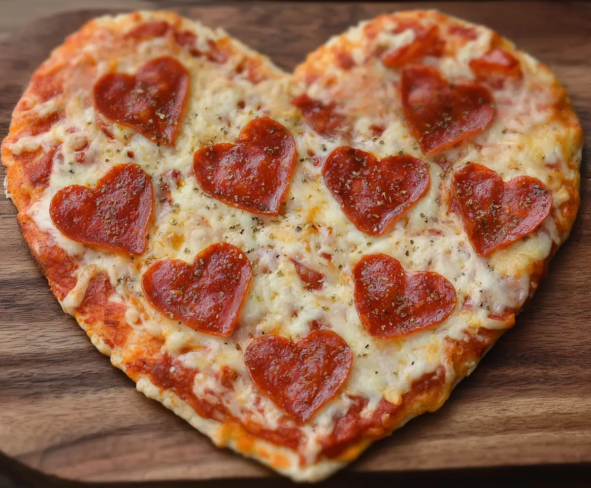 Delicious heart-shaped pizza with melted cheese and toppings, perfect for romantic dinners.