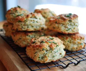 Delicious herbed cottage cheese biscuits fresh out of the oven, showcasing flaky layers and green herbs.