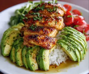 Delicious Honey Lime Chicken served with fresh avocado slices on a white plate.
