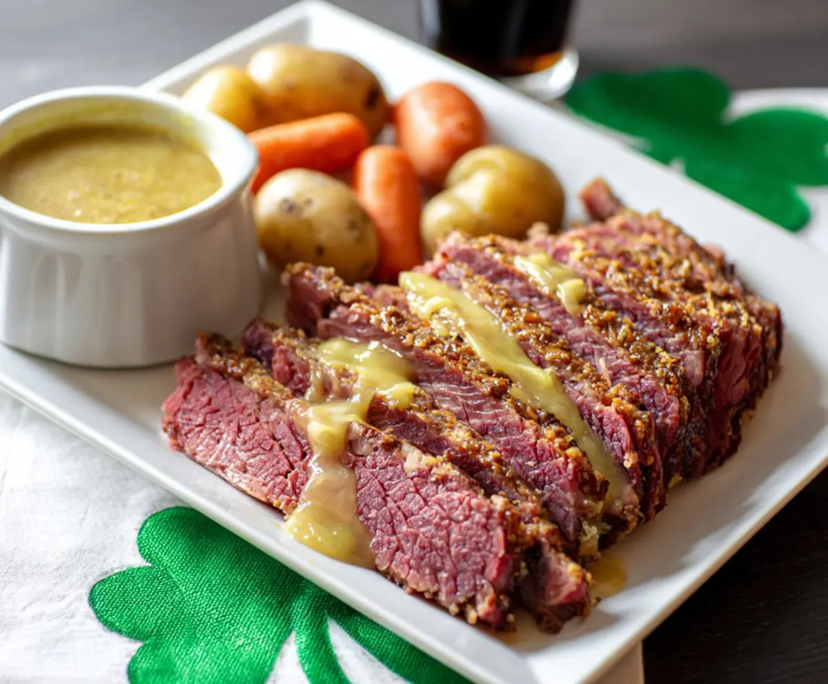 Delicious Instant Pot corned beef with mustard glaze served on a platter