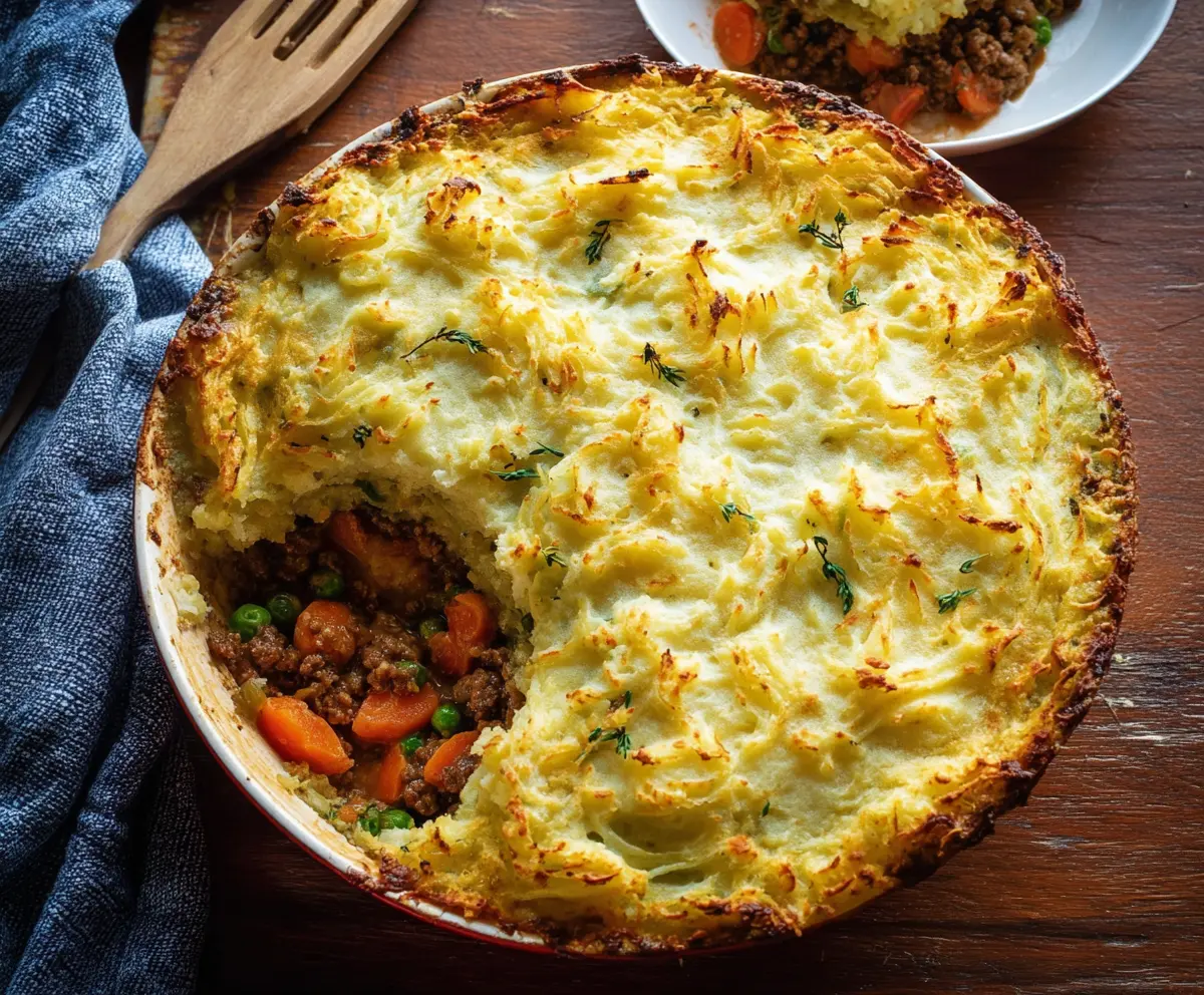 Delicious homemade Irish Cottage Pie with seasoned minced meat and mashed potatoes in a rustic dish.