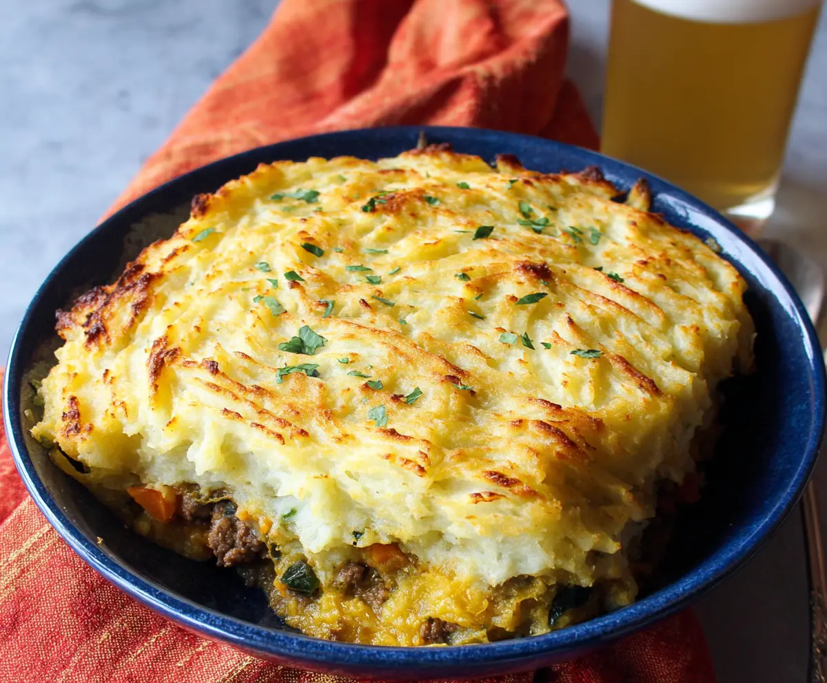 Delicious Irish Shepherd's Pie with rich meat and mashed potato topping served in a rustic dish