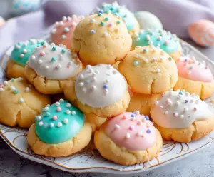 Delicious Italian Easter Cookies with colorful icing and sprinkles on a festive plate
