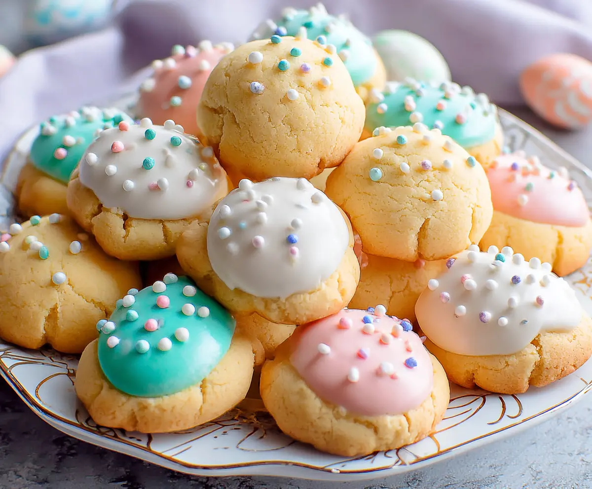Delicious Italian Easter Cookies with colorful icing and sprinkles on a festive plate