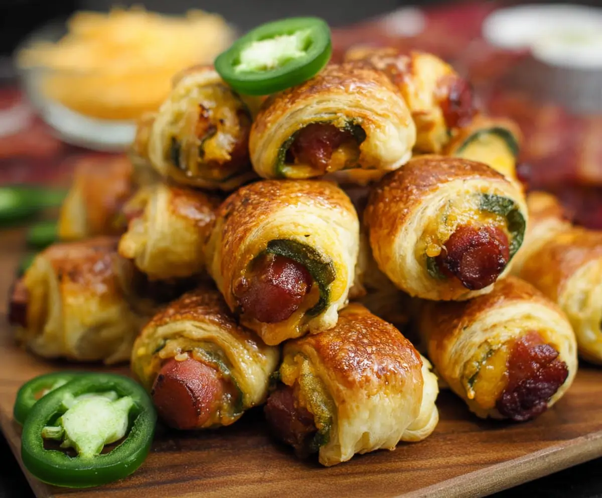 Delicious Jalapeño Popper Pigs In A Blanket showing crispy bacon-wrapped jalapeño and cheese snack.