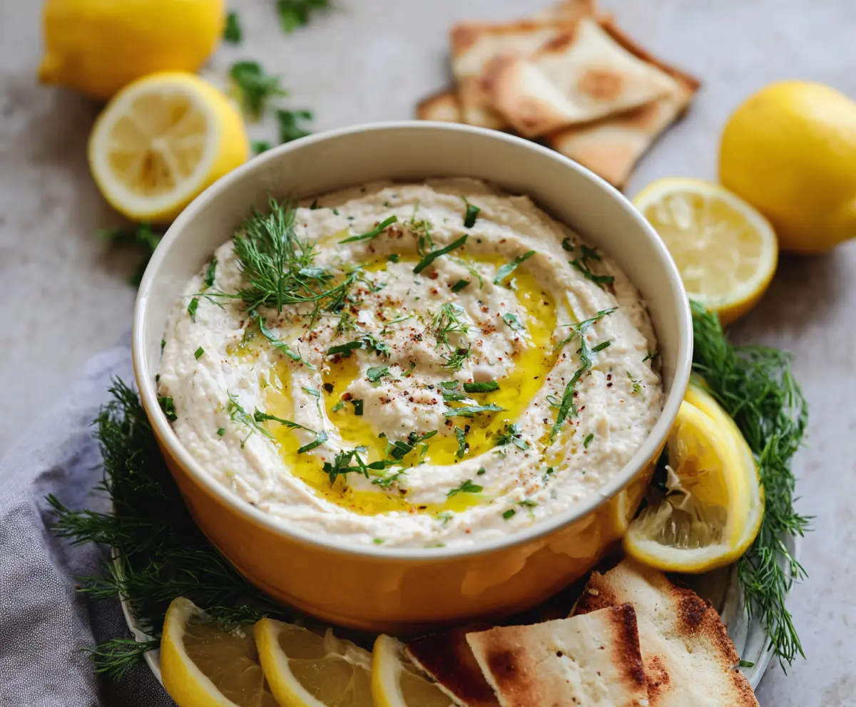 Creamy Lemon and Herb White Bean Dip served with fresh vegetables and pita bread.