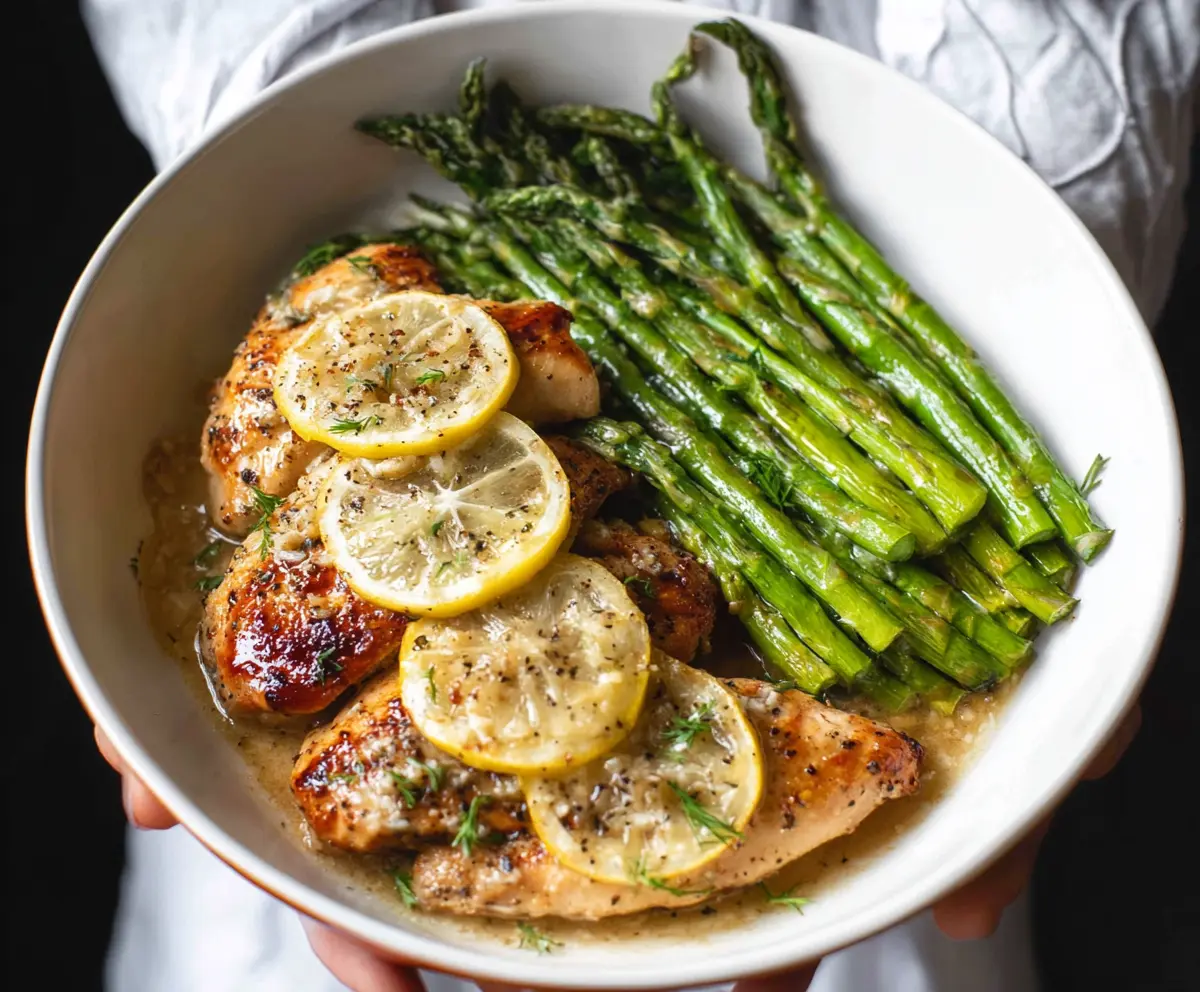 Delicious lemon chicken with fresh asparagus on a plate, perfect for a healthy dinner.