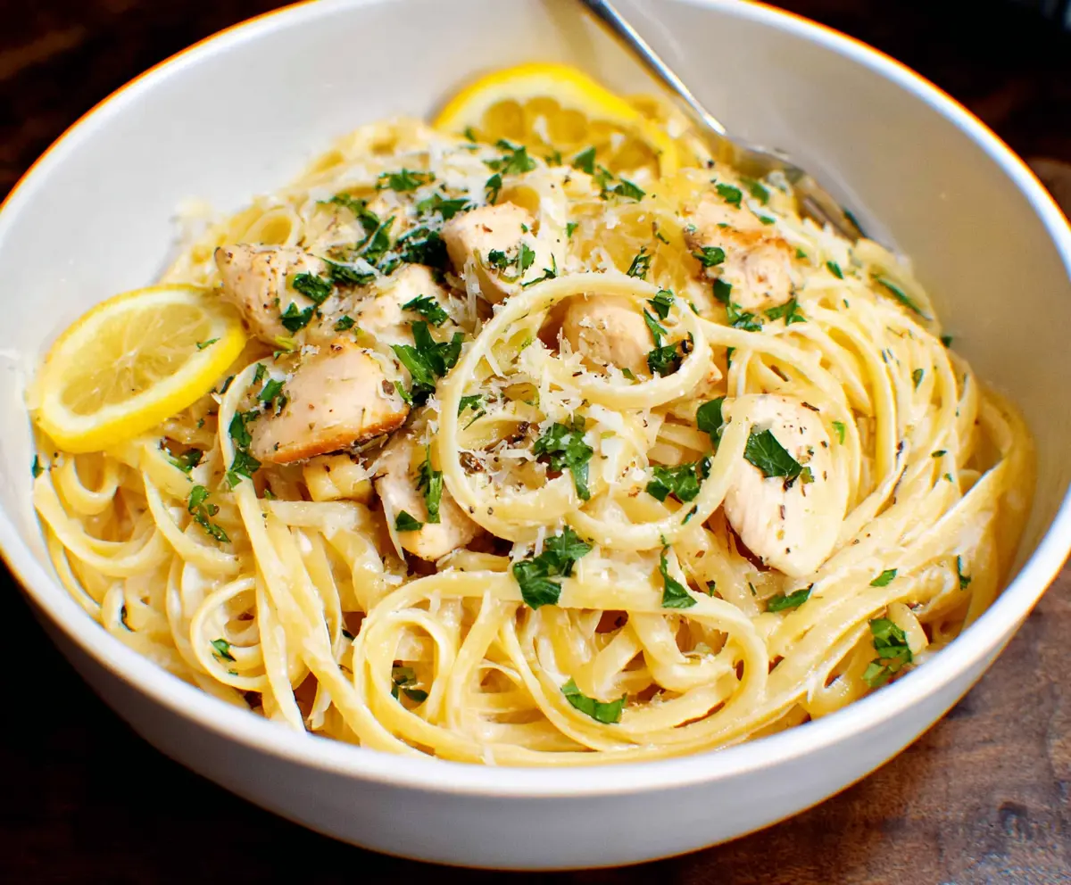 Delicious Lemon Garlic Chicken Pasta with fresh herbs on a plate