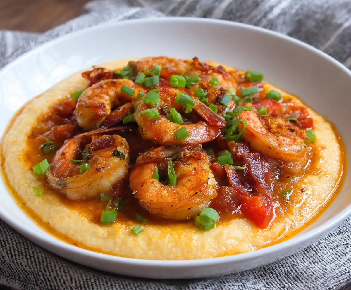 Delicious Louisiana Shrimp and Grits dish with spicy shrimp served over creamy grits.